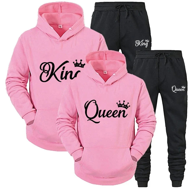 KING & QUEEN Matching Couple Tracksuit – 2-Piece Hoodie and Pants Set | Casual Streetwear Outfit for Autumn & Winter