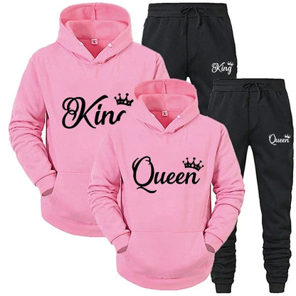 KING & QUEEN Matching Couple Tracksuit – 2-Piece Hoodie and Pants Set | Casual Streetwear Outfit for Autumn & Winter