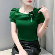 Sexy Summer Square Neck T-Shirt – Women’s Stretch Cotton Tee with Diamonds & Flower
