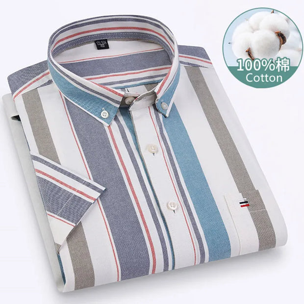 Men’s Classic Oxford Cotton Shirt – Short Sleeve Slim Fit Casual Plaid & Solid
