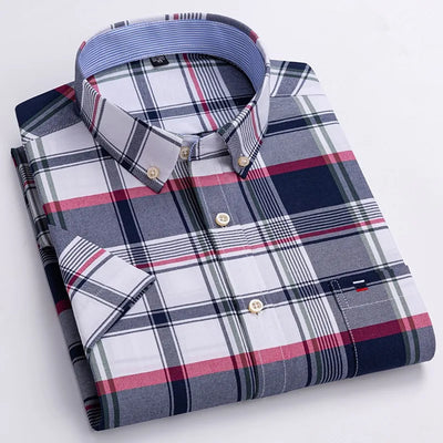 Men’s Classic Oxford Cotton Shirt – Short Sleeve Slim Fit Casual Plaid & Solid