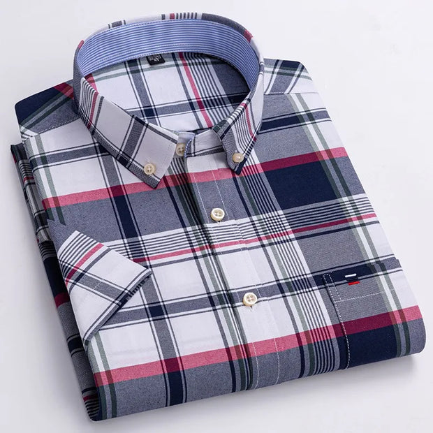 Men’s Classic Oxford Cotton Shirt – Short Sleeve Slim Fit Casual Plaid & Solid