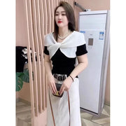 Summer Women's Slim Cotton T-Shirt – Square Neck Top with Butterfly Knot & Silk Thread Finish