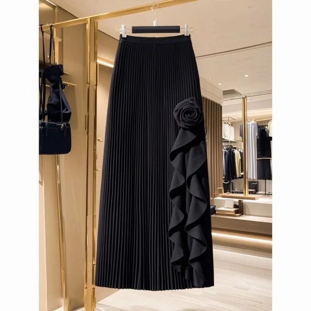 OCEANLOVE Irregular Ruffles Women Skirts Solid Pleated Autumn Winter A-line Jupe Femme Korean Fashion Elegant Retro Long Skirt