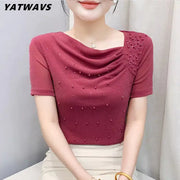 Korean Summer Women's Luxury Hot Diamonds T-shirt Chic Skew Neck Short Sleeve Tees Ladies Elastic Mesh Beading Sexy Topsnds Tees
