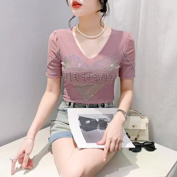 Sexy Summer V-Neck Mesh T-Shirt – Women’s Slim Fit Top with Shiny Heart Diamond Detail