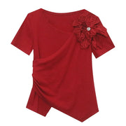 Chic Korean Skew Collar T-Shirt – Cotton Slim Fit Top with 3D Flower Appliqué