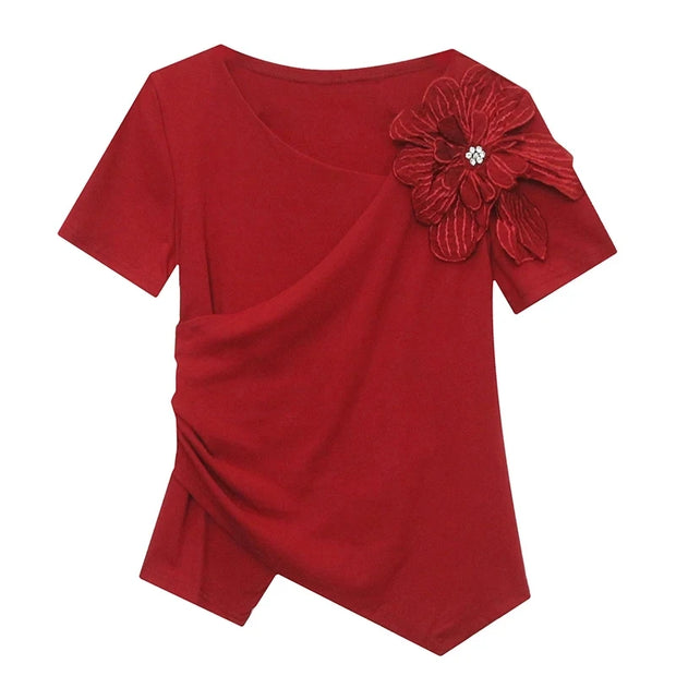 Chic Korean Skew Collar T-Shirt – Cotton Slim Fit Top with 3D Flower Appliqué