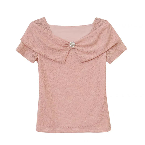2025 Summer European Clothes Women's Sexy Square Neck Lace T-Shirt Chic Slim Design Tees New Female Elegant Short Sleeve Tops