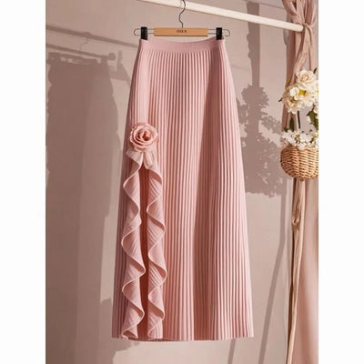 OCEANLOVE Irregular Ruffles Women Skirts Solid Pleated Autumn Winter A-line Jupe Femme Korean Fashion Elegant Retro Long Skirt