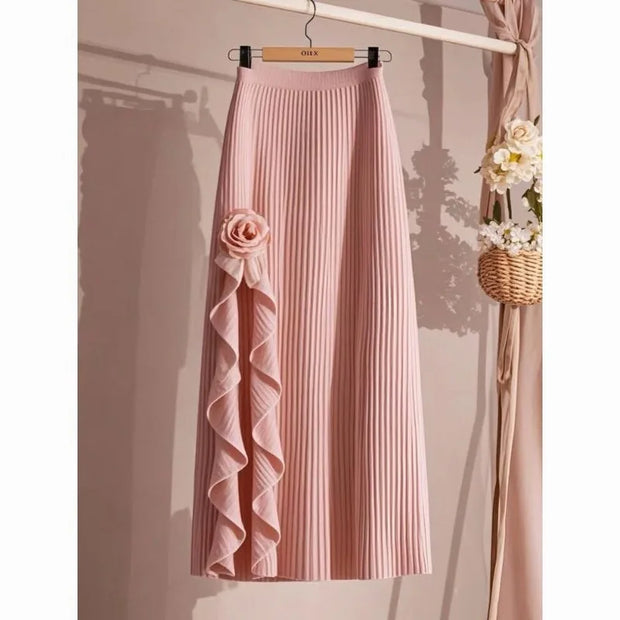 OCEANLOVE Irregular Ruffles Women Skirts Solid Pleated Autumn Winter A-line Jupe Femme Korean Fashion Elegant Retro Long Skirt