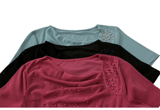 Korean Summer Women's Luxury Hot Diamonds T-shirt Chic Skew Neck Short Sleeve Tees Ladies Elastic Mesh Beading Sexy Topsnds Tees