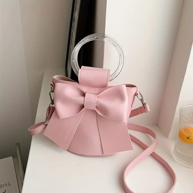 Elegant Bow Bucket Bag – Women’s PU Leather Crossbody with Round Handle & Detachable Strap