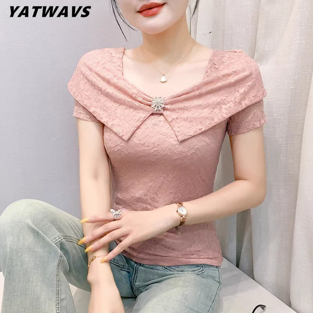 2025 Summer European Clothes Women's Sexy Square Neck Lace T-Shirt Chic Slim Design Tees New Female Elegant Short Sleeve Tops