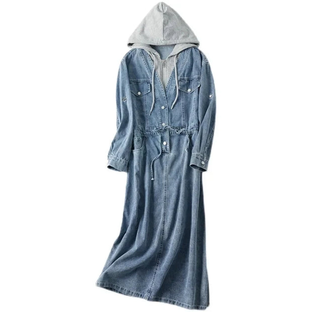 Denim dress with hood on a white background