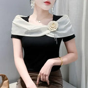 Sexy Summer Square Neck T-Shirt – Women’s Stretch Cotton Tee with Diamonds & Flower
