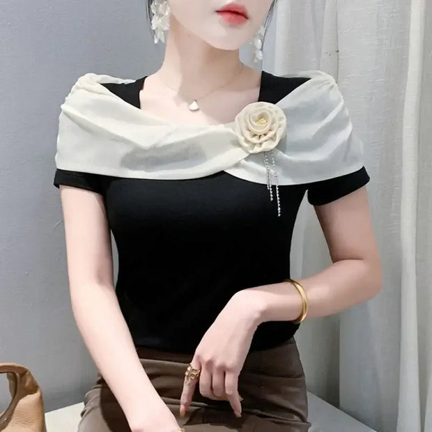 Sexy Summer Square Neck T-Shirt – Women’s Stretch Cotton Tee with Diamonds & Flower