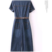 Denim dress with a belt on a white background