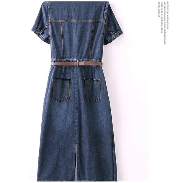 Denim dress with a belt on a white background