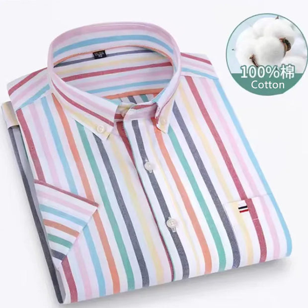 Men’s Classic Oxford Cotton Shirt – Short Sleeve Slim Fit Casual Plaid & Solid