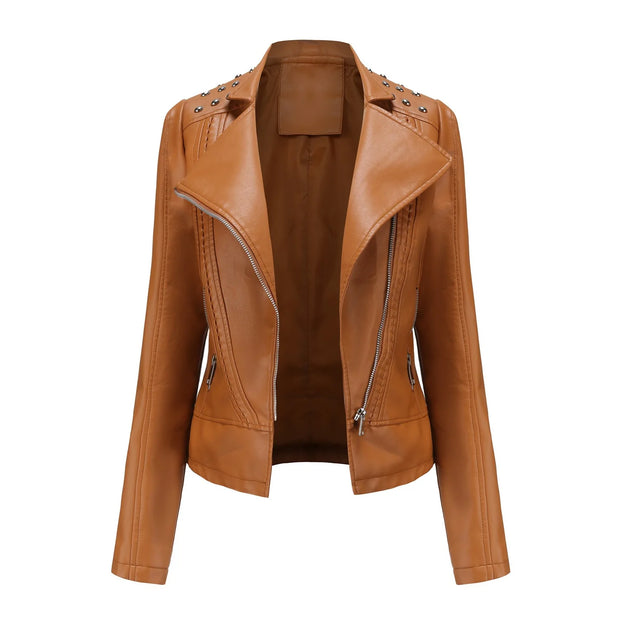 Women's Faux Leather Biker Jacket – Punk Rivet Style, Slim Fit, Retro Moto Outerwear