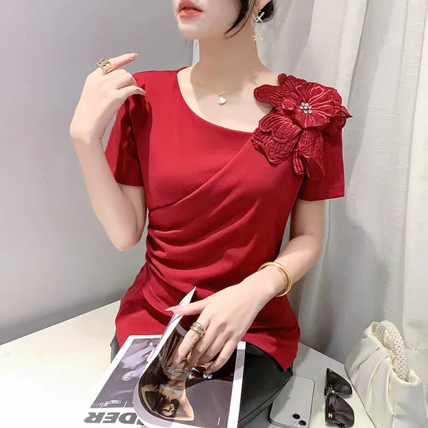 Chic Korean Skew Collar T-Shirt – Cotton Slim Fit Top with 3D Flower Appliqué