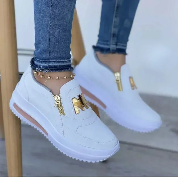 Women’s Side Zipper Platform Sneakers – Casual Double M Print Vulcanized Shoes for All Seasons