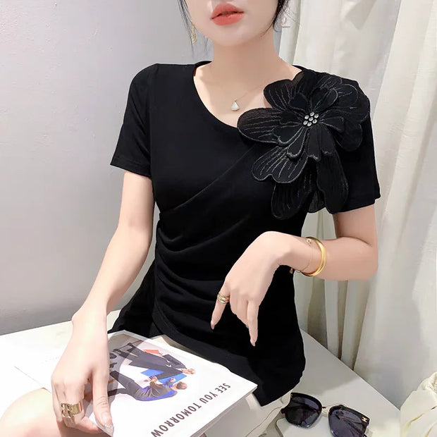 Chic Korean Skew Collar T-Shirt – Cotton Slim Fit Top with 3D Flower Appliqué
