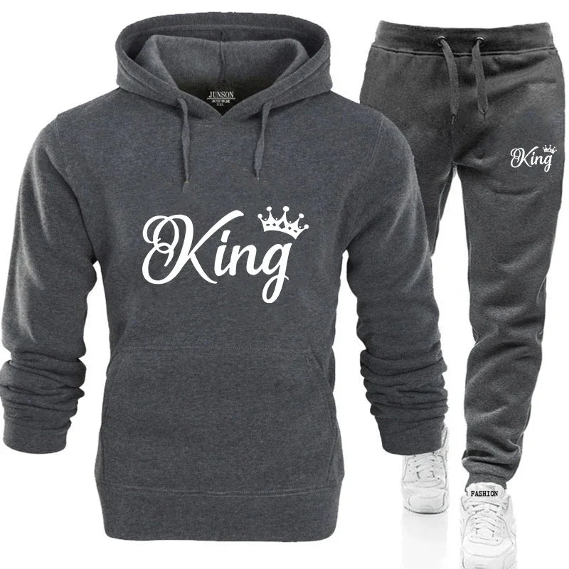 KING & QUEEN Matching Couple Tracksuit – 2-Piece Hoodie and Pants Set | Casual Streetwear Outfit for Autumn & Winter