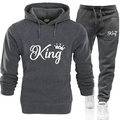 KING & QUEEN Matching Couple Tracksuit – 2-Piece Hoodie and Pants Set | Casual Streetwear Outfit for Autumn & Winter