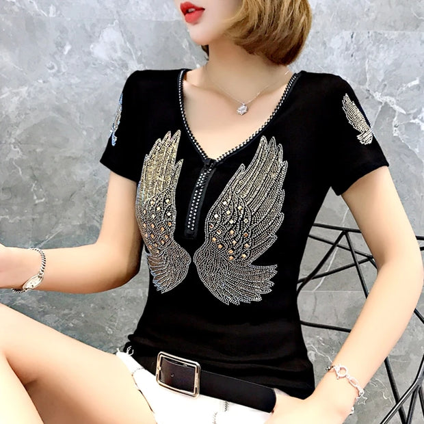 Comfy V-Neck Diamond T-Shirt for Women – Summer Casual Streetwear