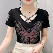 Comfy V-Neck Diamond T-Shirt for Women – Summer Casual Streetwear