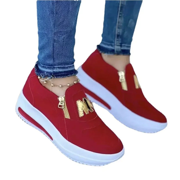 Women’s Side Zipper Platform Sneakers – Casual Double M Print Vulcanized Shoes for All Seasons