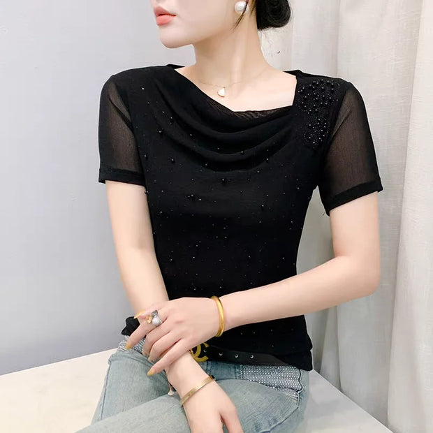 Korean Summer Women's Luxury Hot Diamonds T-shirt Chic Skew Neck Short Sleeve Tees Ladies Elastic Mesh Beading Sexy Topsnds Tees