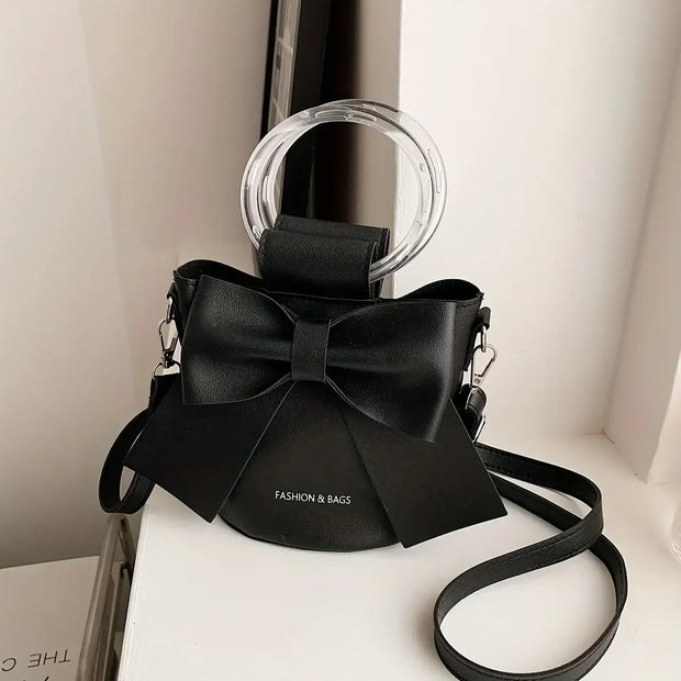 Elegant Bow Bucket Bag – Women’s PU Leather Crossbody with Round Handle & Detachable Strap