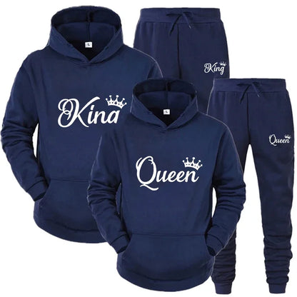 KING & QUEEN Matching Couple Tracksuit – 2-Piece Hoodie and Pants Set | Casual Streetwear Outfit for Autumn & Winter