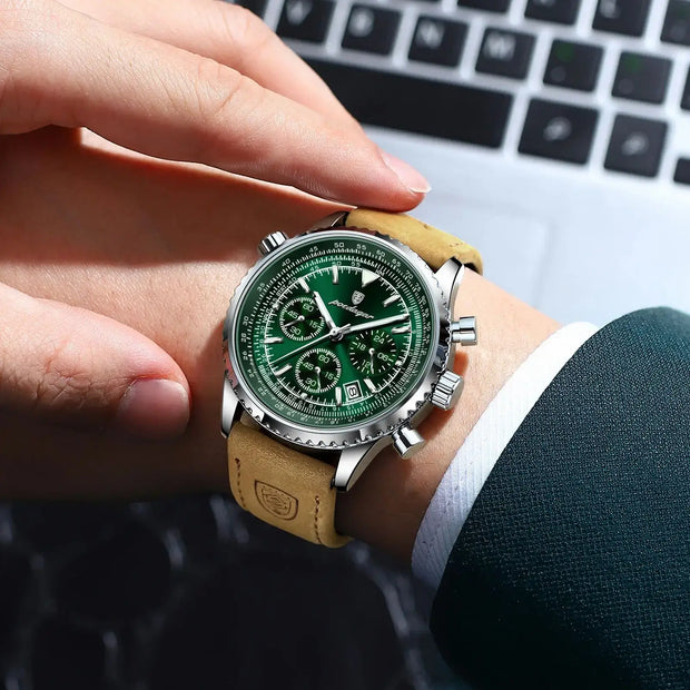 POEDAGAR Luxury Men’s Chronograph Watch – Waterproof Quartz Military Leather Wristwatch