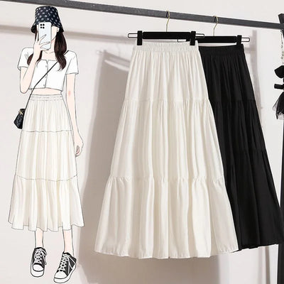White Summer Women Long Skirts High Waist Elastic Korean Chic Long Cake A-line Sweet Skirt New In Clothes Casual Fashion Trend