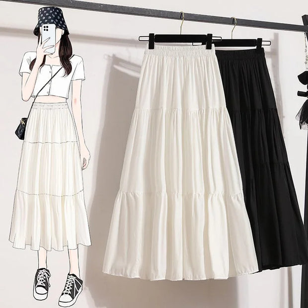 White Summer Women Long Skirts High Waist Elastic Korean Chic Long Cake A-line Sweet Skirt New In Clothes Casual Fashion Trend