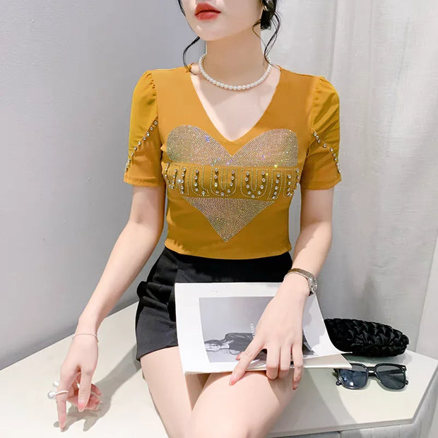 Sexy Summer V-Neck Mesh T-Shirt – Women’s Slim Fit Top with Shiny Heart Diamond Detail