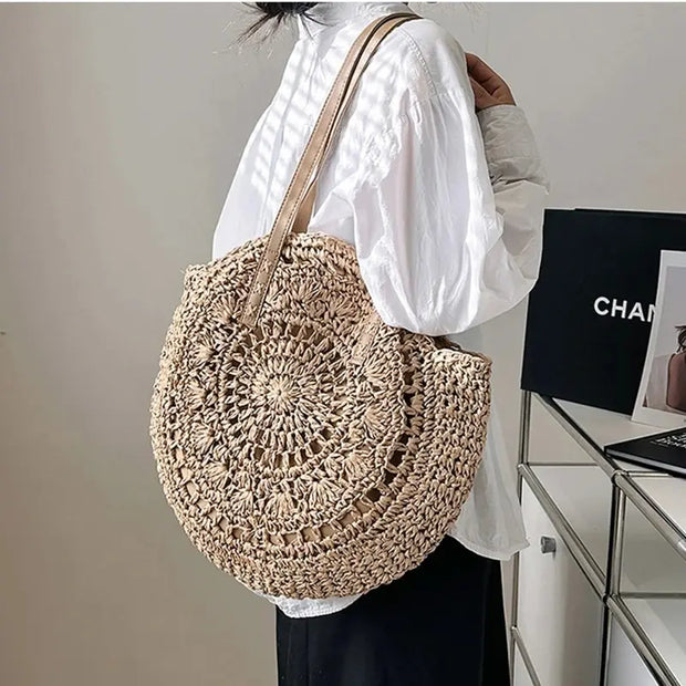 Summer Straw Shoulder Tote – Women’s Woven Beach Bag with Zipper & Large Capacity