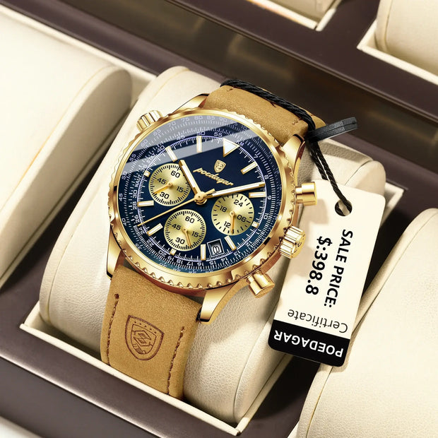 POEDAGAR Luxury Men’s Chronograph Watch – Waterproof Quartz Military Leather Wristwatch