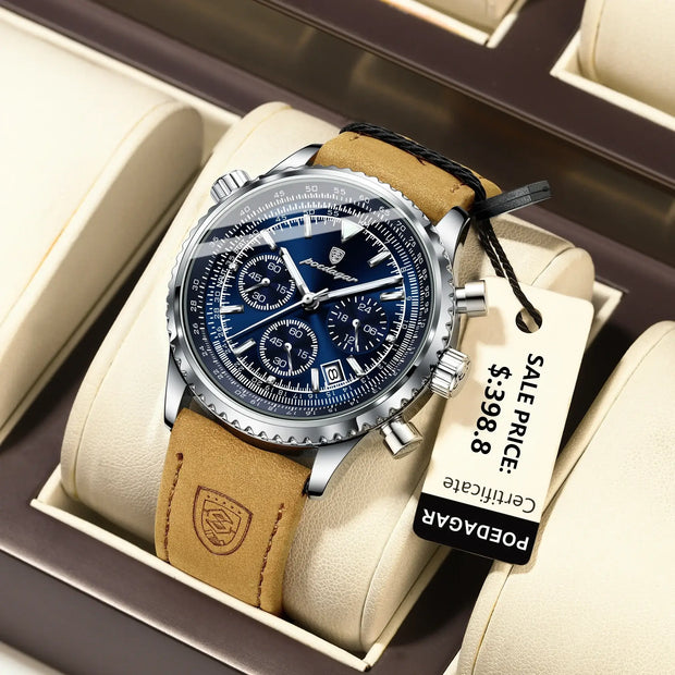 POEDAGAR Luxury Men’s Chronograph Watch – Waterproof Quartz Military Leather Wristwatch