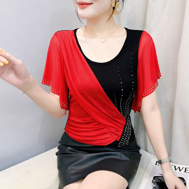 Elegant Summer Women’s Mesh Ruffle T-Shirt – Slim Fit O-Neck Top with Diamond Detail