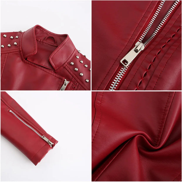 Women's Faux Leather Biker Jacket – Punk Rivet Style, Slim Fit, Retro Moto Outerwear
