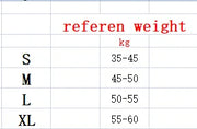 Weight chart with size categories and weight ranges in kilograms