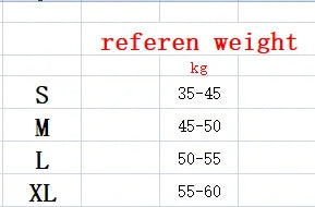 Weight chart with size categories and weight ranges in kilograms