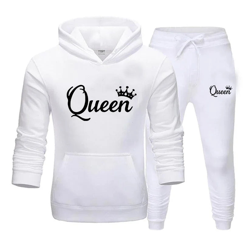 KING & QUEEN Matching Couple Tracksuit – 2-Piece Hoodie and Pants Set | Casual Streetwear Outfit for Autumn & Winter
