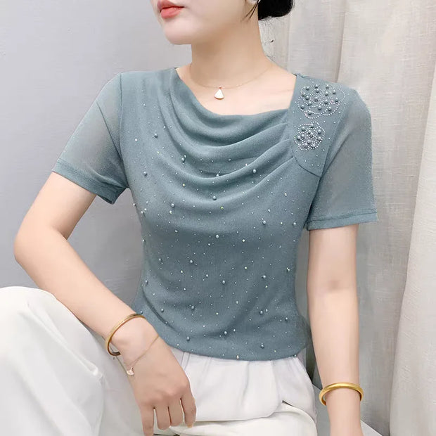 Korean Summer Women's Luxury Hot Diamonds T-shirt Chic Skew Neck Short Sleeve Tees Ladies Elastic Mesh Beading Sexy Topsnds Tees