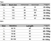 Size chart for tops and skirts with measurements and weight ranges.